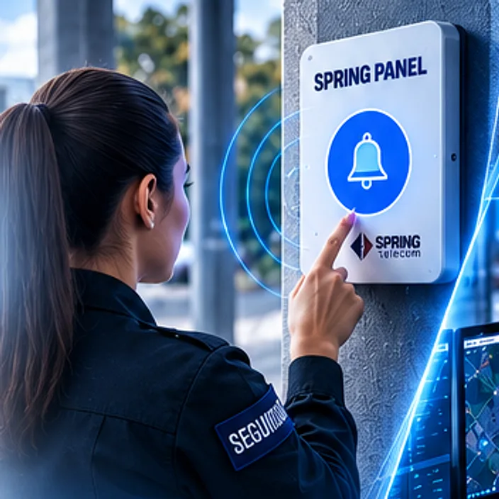 Guardia presionando el botón de un panel de emergencia