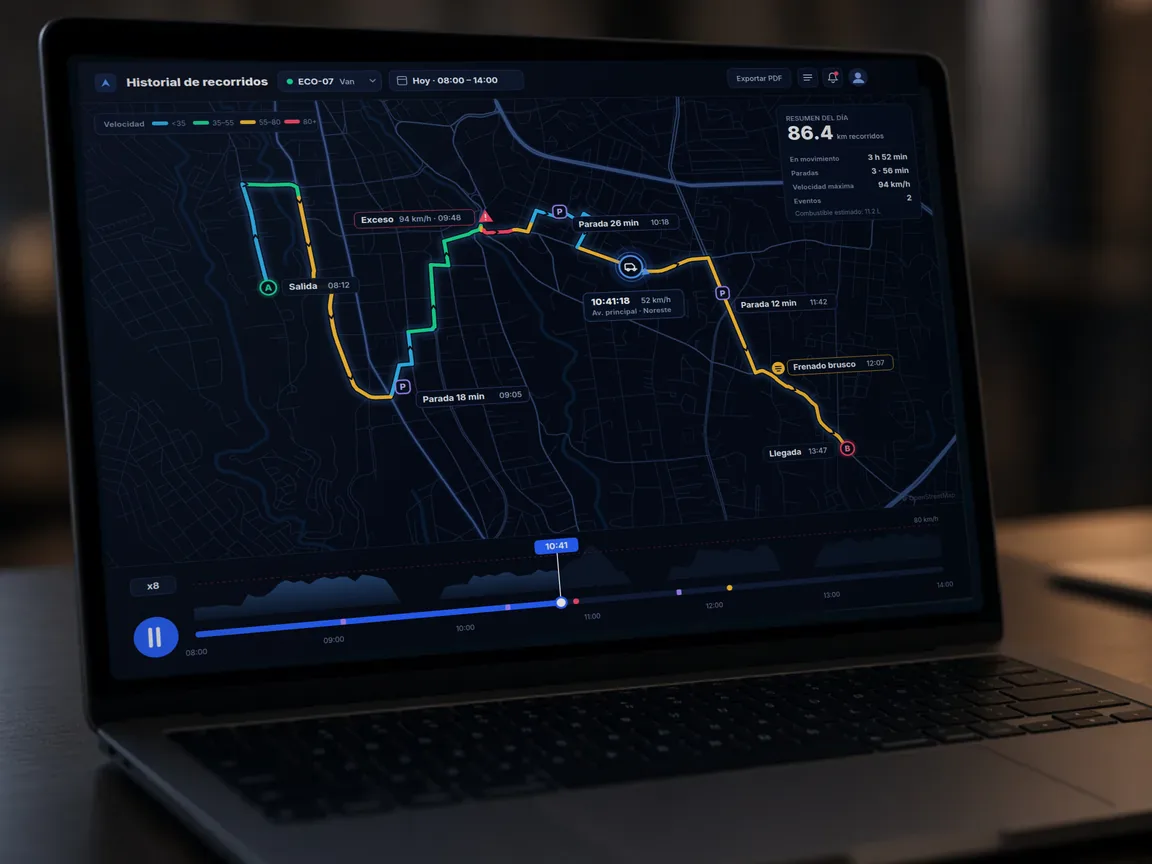 Historial de recorridos: ruta coloreada por velocidad, paradas y eventos